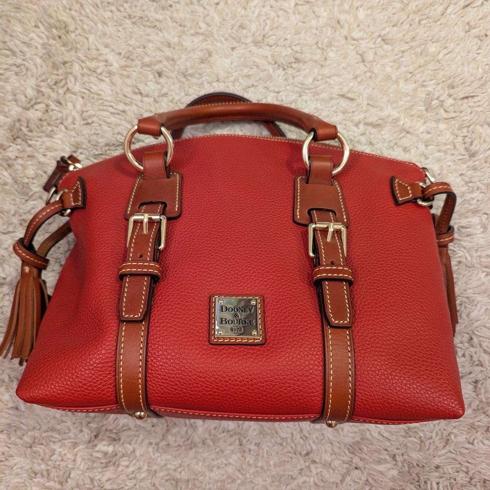 Dooney & Bourke Red and Brown Satchel with Gold Hardware